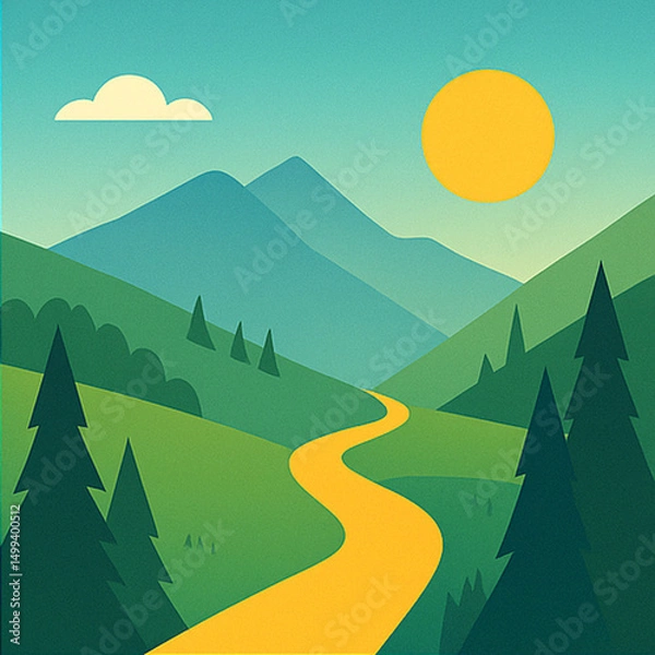 Obraz Flat Vector Mountain Landscape with Path and Evergreen Trees