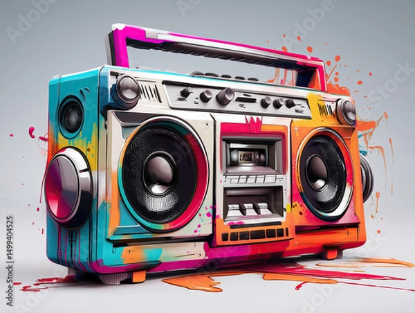 Fototapeta Vibrant Pop Art Painting and Hip Hop Stereo boom blaster with Dripping Colors on Background with Street graffitti and splashes of color paint