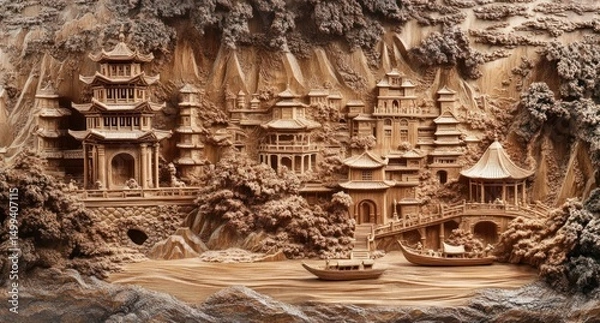 Obraz Intricate wood carving depicting a serene Asian city nestled within a mountainous landscape.  Detailed carvings showcase pagodas, buildings, and a small 
