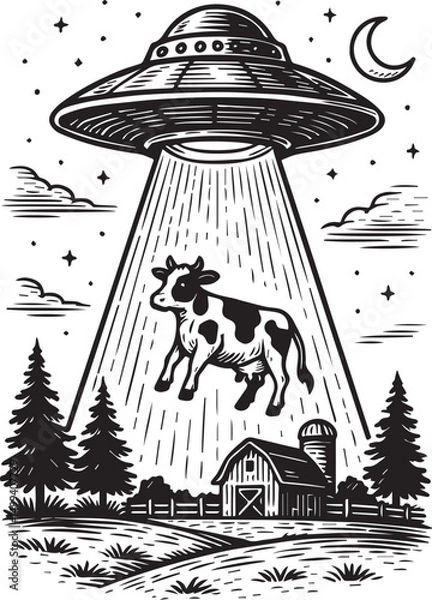 Fototapeta vintage flying saucer adducting a cow vector illustration