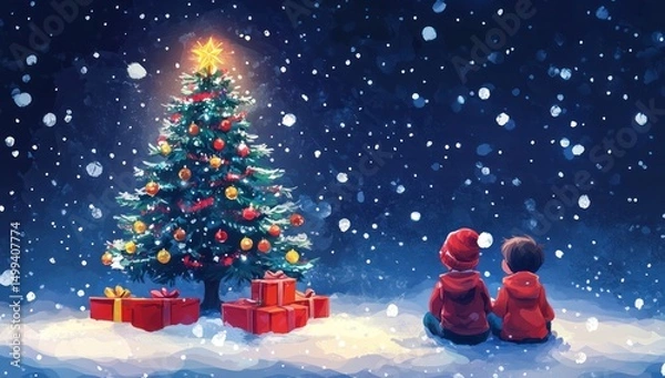 Obraz Two children sit in snowy landscape gazing at a brightly lit Christmas tree, adorned with colorful ornaments.  Snow falls softly against a deep blue night sky.  Gift boxes sit beneath the tree