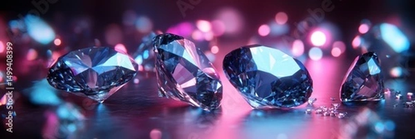 Obraz Close-up of several  faceted diamonds, bathed in vibrant pink and blue light
