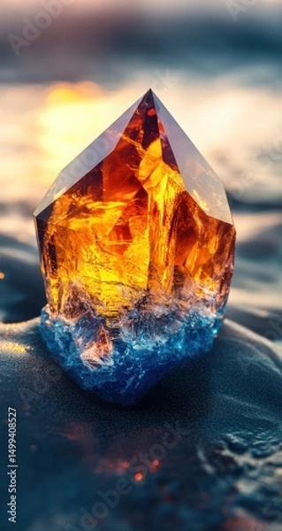 Obraz A vibrant,faceted crystal, amber and blue hues,  set on wet sand at sunset