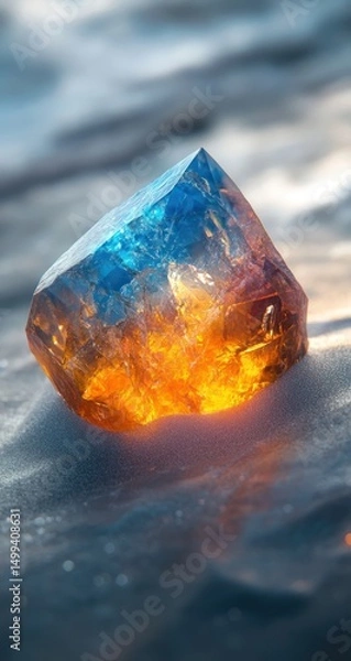Obraz A vibrant, multifaceted crystal rests on icy sand, bathed in golden light.  Colors blend from blue to orange