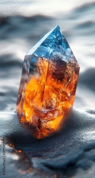 Obraz A vibrant,faceted crystal,  two-toned, resting on textured sand
