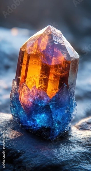 Obraz Radiant crystal, amber and blue hues, atop a textured stone