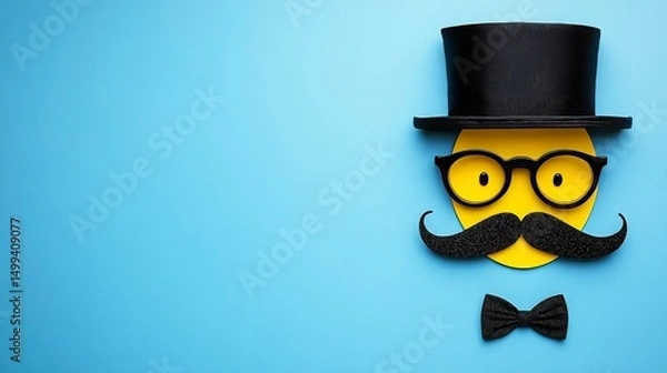 Obraz Flat lay top-view stock photo of a Happy Father's Day concept: mustache, glasses, hat on a blue background with copy space for banner mockups.