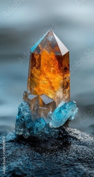 Obraz A vibrant crystal cluster, amber-hued point atop a bed of teal crystals, rests on a dark stone.  Soft, diffused light highlights the facets