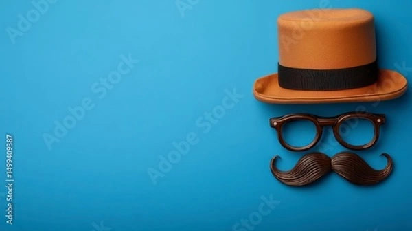 Obraz Happy Father's Day concept in flat lay top view: mustache, glasses, hat on a blue background with copy space for banner mockup stock photos.