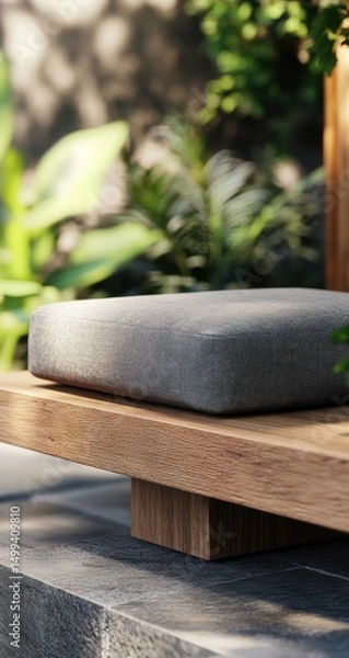 Obraz Outdoor bench cushion, wooden slats, lush greenery