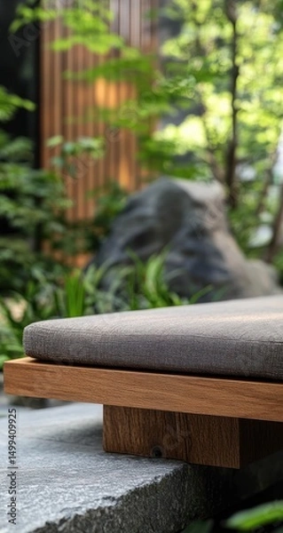 Obraz Elevated wooden platform seating with gray cushion in a tranquil garden setting