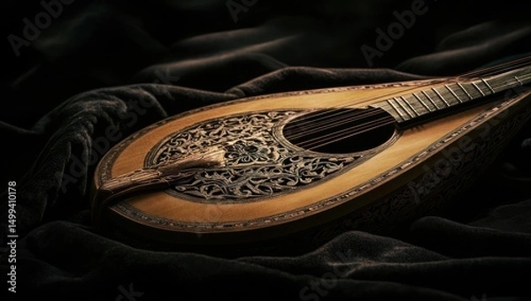 Obraz Ornate Renaissance-style lute resting on dark fabric