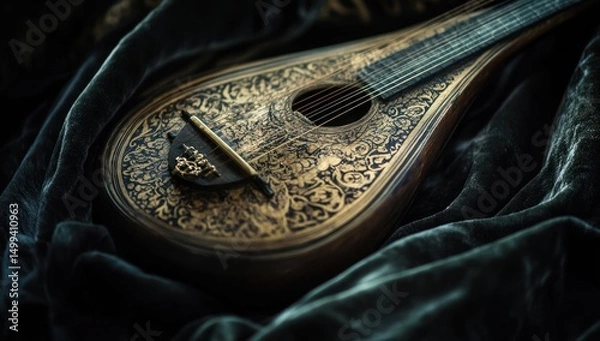 Obraz Intricate antique guitar resting on dark green velvet