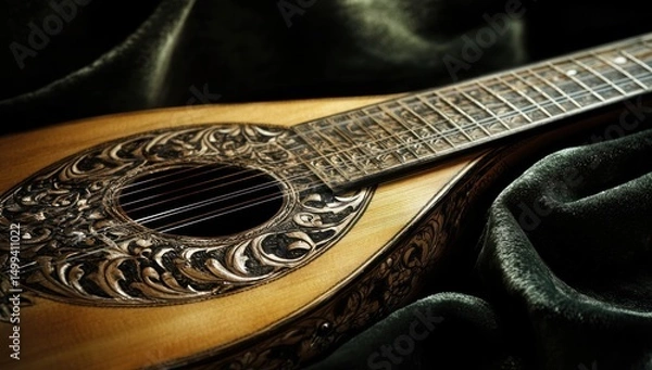 Obraz Ornate mandolin resting on dark green velvet.  Close-up view of the instrument's body and neck, showing intricate carvings and inlay.  Warm golden tones highlight the wood grain