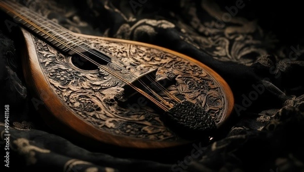 Obraz Ornate mandolin resting on dark fabric.  Intricate wood carvings adorn the instrument's body.  Rich, deep tones