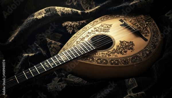 Obraz Vintage, ornate guitar resting on a dark fabric.  Detailed carvings adorn the instrument's body, and the draped fabric has a rich design