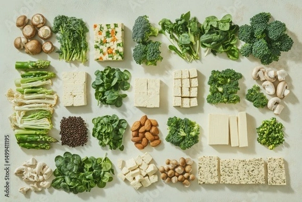 Fototapeta Assorted vegan protein sources and vegetables arranged on a surface for healthy eating, cooking content, and dietary planning