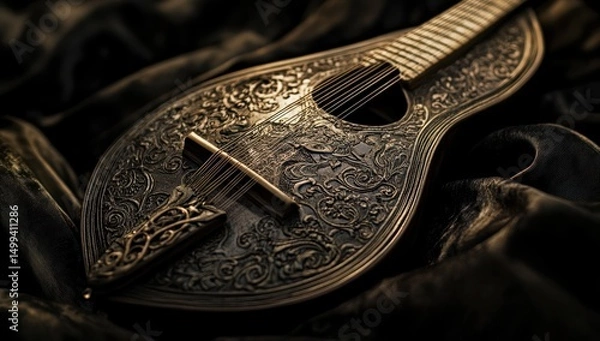 Obraz Ornate, antique-style stringed instrument, dark background