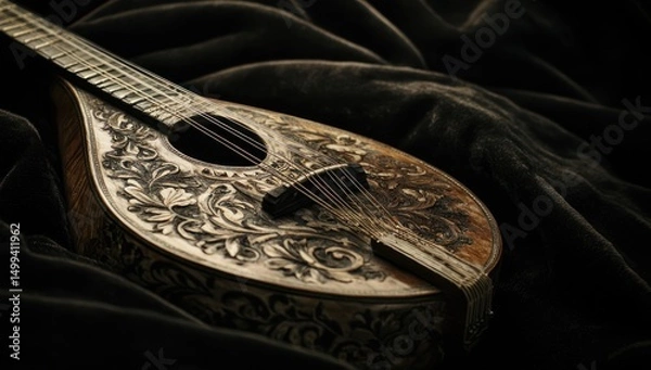 Obraz Ornate antique guitar rests on dark fabric