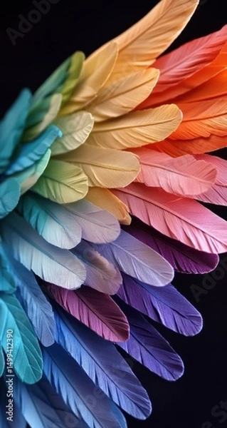 Obraz Close-up view of a vibrant, colorful wing.  Feathers in a spectrum of pastel hues, from teal to pink,  orange, and purple,  are densely clustered