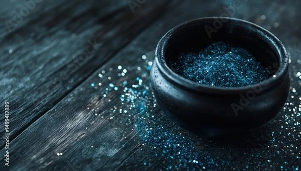 Obraz Dark indigo glitter in a rustic bowl on a wood surface