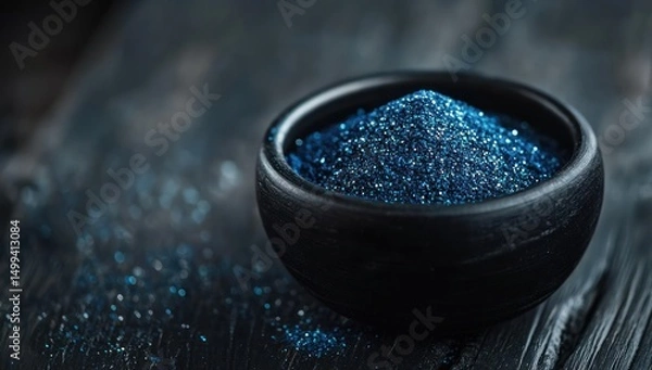 Obraz Dark blue glitter in a small bowl on a dark wooden surface