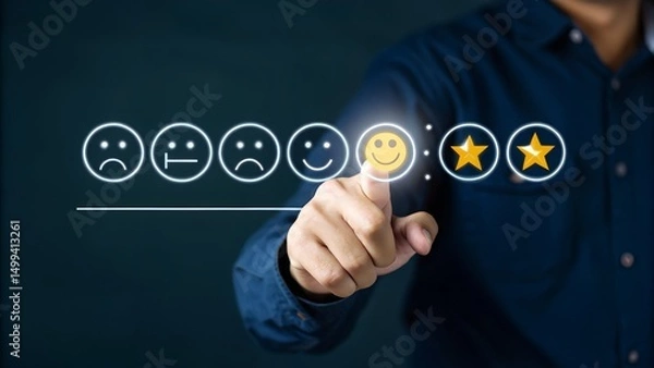 Fototapeta Customer review satisfaction feedback survey concept. User give five-star rating on feedback interface, excellent customer satisfaction. emoticons different levels of feedback, customer experience