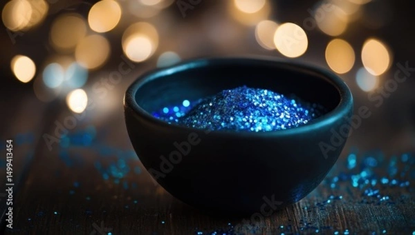 Obraz Dark blue glitter in a bowl, bokeh lights in the background