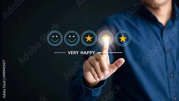 Fototapeta Customer review satisfaction feedback survey concept. User give five-star rating on feedback interface, excellent customer satisfaction. emoticons different levels of feedback, customer experience