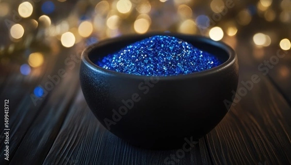 Obraz Blue glitter in dark bowl, bokeh
