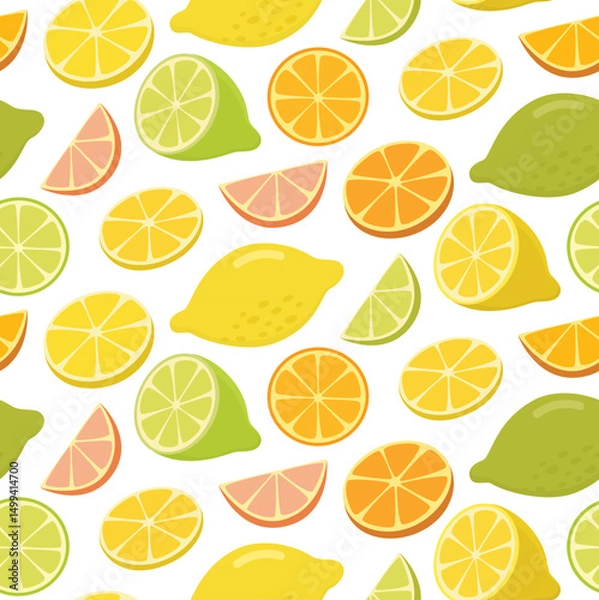 Fototapeta Seamless pattern with citrus fruits. Background with lemon, orange, lime and grapefruit.