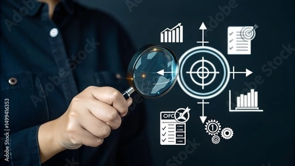 Fototapeta Digital marketing and target audience concept. Magnifying glass over a digital interface with marketing and customer targeting icons, audience analysis, online advertising, and business strategy. AD,