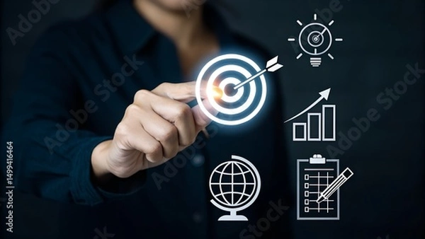 Fototapeta Digital marketing and target audience concept. Magnifying glass over a digital interface with marketing and customer targeting icons, audience analysis, online advertising, and business strategy. AD,