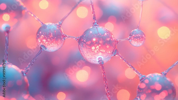Fototapeta Soft pink and violet neural network illustration with glowing connections, representing a dreamy fusion of science and art. Ideal for educational, medical, or abstract conceptual design.
