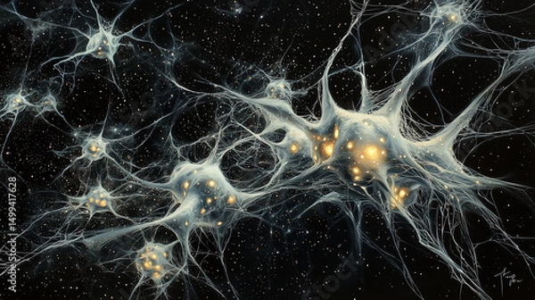 Fototapeta Abstract neural network or cosmic web illustration with glowing connections and branching filaments. A surreal fusion of biology and outer space themes, perfect for science or technology concepts.
