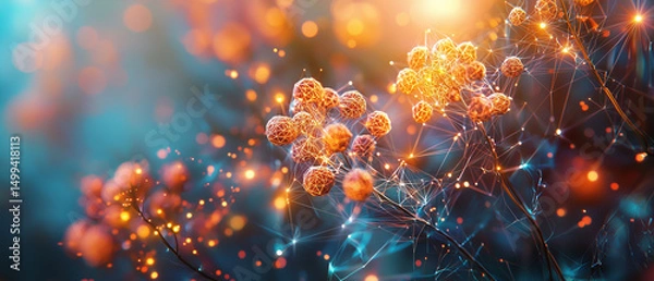 Fototapeta Molecular nodes and abstract biological links glowing in warm orange tones, creating a sci-fi network visualization. Perfect for biotech, nanotechnology, or advanced data science themes.

