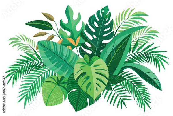 Fototapeta Vector Illustration of Tropical Green Leaves Arrangement on White Background Featuring Exotic Palms and Monstera Leaves for Natural and Summer Themes
