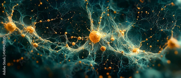 Fototapeta High-detail abstract illustration of a neural network with glowing orange nodes and blue filaments. A fusion of digital science, connectivity, and futuristic medical concept art.

