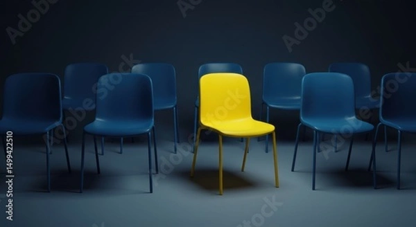 Obraz Unique yellow chair among blue chairs in dark setting