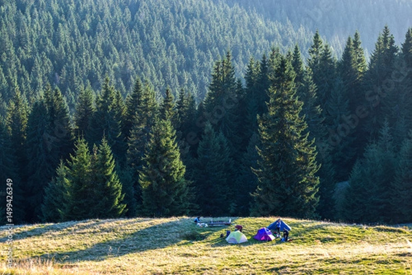 Fototapeta Tourist tents and hikers in a sunny meadow against the backdrop of mountains with a tall spruce forest.
