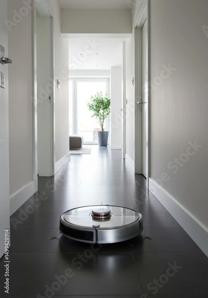 Obraz Robotic Vacuum Cleaner in Modern Hallway - A silver robotic vacuum cleaner sits on a dark floor in a bright, modern hallway. The hallway is clean and minimalist