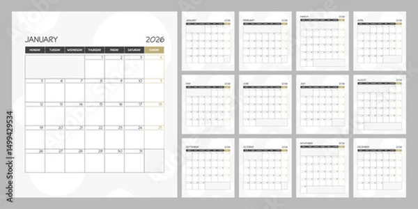 Obraz Monthly calendar square planner schedule for 2026 year. Week Starts on Monday
