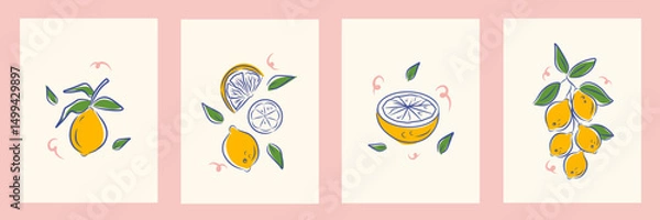 Fototapeta Citrus fruits abstract poster set. Contemporary print with hand drawn lemon, fruit slice and leaves. Dolce vita aesthetics. Italian summer vacation. Elegant design for card, banner, menu, cover.