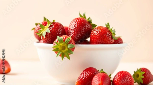 Fototapeta Fresh Strawberries Overflowing in a White Bowl on a Light Background