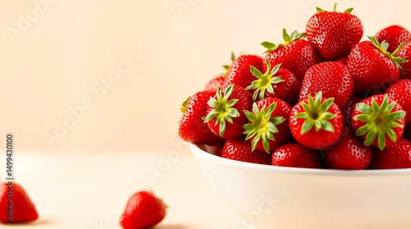 Fototapeta Fresh Strawberries Overflowing in a White Bowl on a Light Background