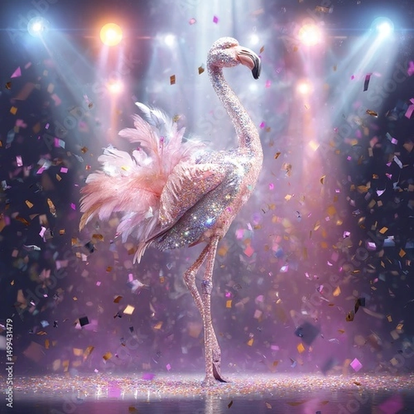 Fototapeta Glamorous Flamingo Covered in Glitter Performing on Stage with Confetti
