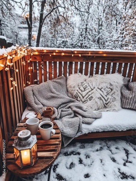 Fototapeta Cozy winter scene of a snow-covered outdoor bench adorned with cushions and blankets. Warm string lights illuminate the wooden structure alongside coffee cups and a lantern.