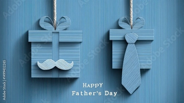 Obraz Vector design template for men's holiday celebrations: blue gift boxes, a mustache, a tie, and paper-cut "Happy Father's Day" text on a striped background, suitable for greeting cards, posters, or fly