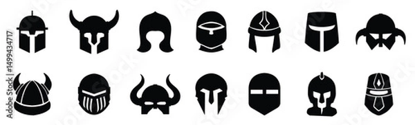 Fototapeta Ancient helmet icons. Set of different warrior helmet icons. Simple soldier helmet signs. Black helmet icons