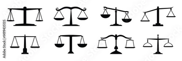Fototapeta Balance scale or libra icon collection in black. Justice scales icons. Vintage scale in balance. Justice scales icon or risk evaluation symbol. Vector